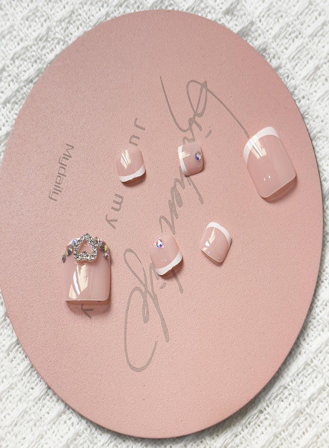 GRITOSE French Tip Press One Toe Nail for Women Fake Toenail with Rhinestones Designs Heart Glossy Fashion False Toenail Full Cover Acrylic Nail Art DIY Foot Nails Design Toenail Tips 24Pcs - Image 5
